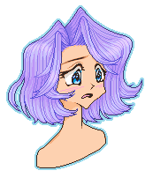pixel portrait of an exaggerated anime-style girl in 3/4 view, saturated peachy skin, big watery blue eyes, dismayed look on her face, extremely voluminous and shiny lavender bob with sharply-angled bangs
